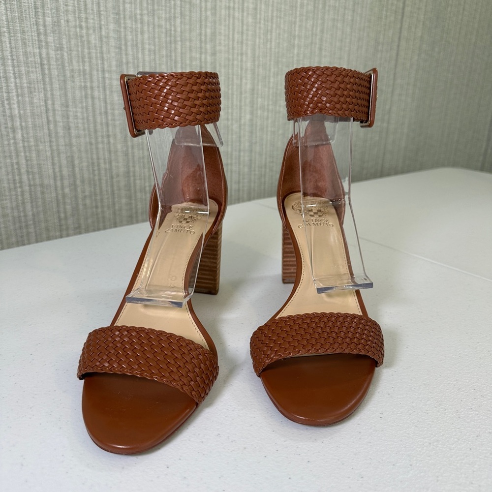 Vince Camuto Cognac Woven Ankle Strap Block Heel Sandals (Size 9M/40)